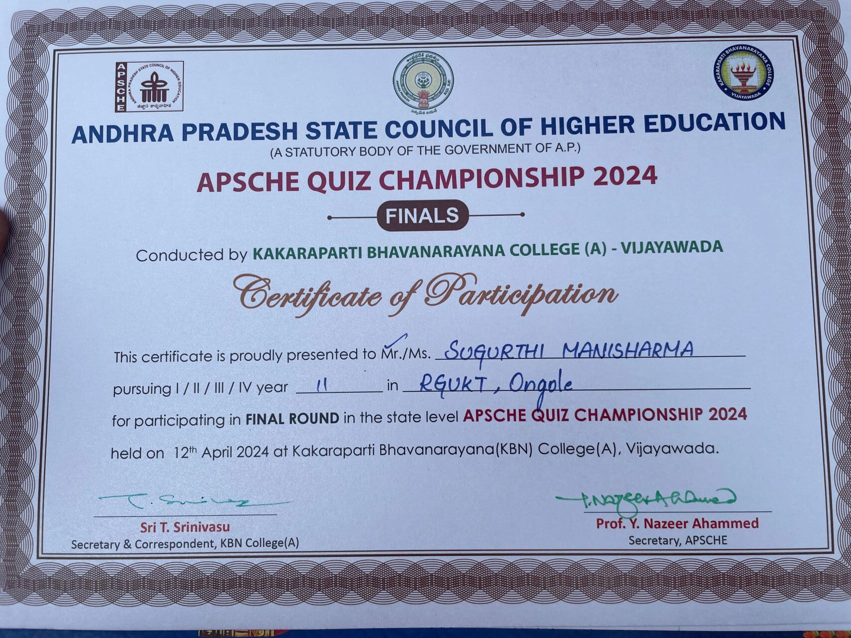 APSCHE Championship Certificate